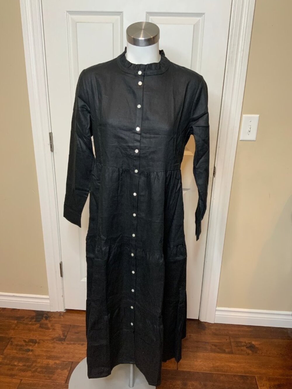 Alice Walk Black Linen Tiered Midi Shirt Dress NWT $299, Size S